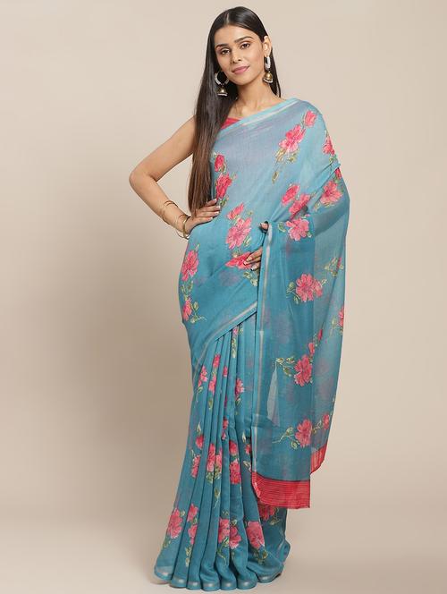 blue floral saree with blouse - 17412579 - Standard Image - 1