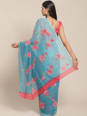 blue floral saree with blouse - 17412579 - Standard Image - 2