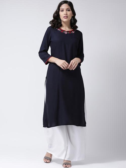 solid neck embroidered kurta palazzo set - 17413545 - Standard Image - 1