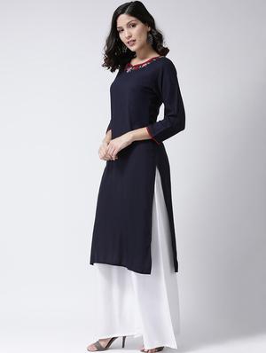 solid neck embroidered kurta palazzo set - 17413545 - Standard Image - 2