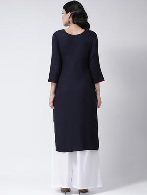 solid neck embroidered kurta palazzo set - 17413545 - Standard Image - 3