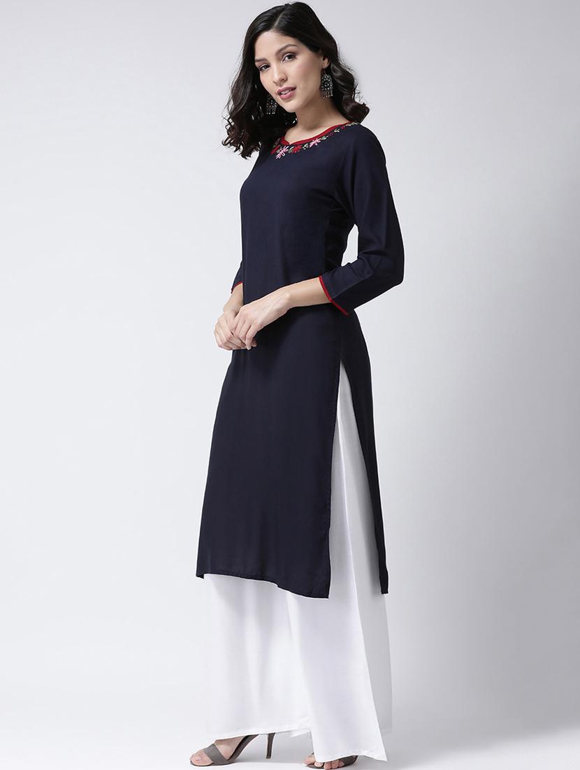 solid neck embroidered kurta palazzo set - 17413545 - Zoom Image - 2