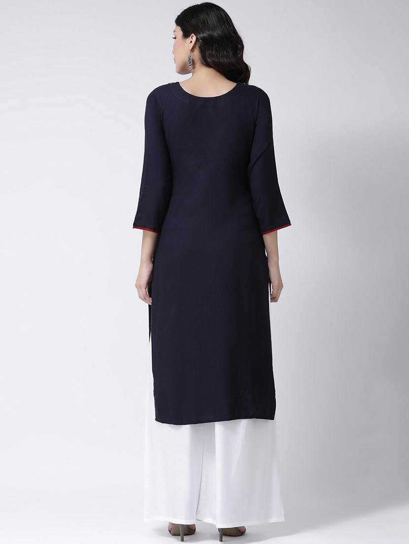 solid neck embroidered kurta palazzo set - 17413545 - Zoom Image - 3