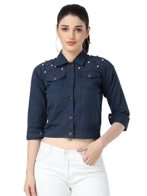 pearl embellished denim jacket - 17415229 - Standard Image - 1