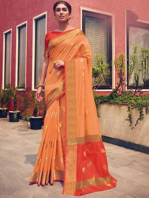 peach woven saree with blouse - 17415355 - Standard Image - 1
