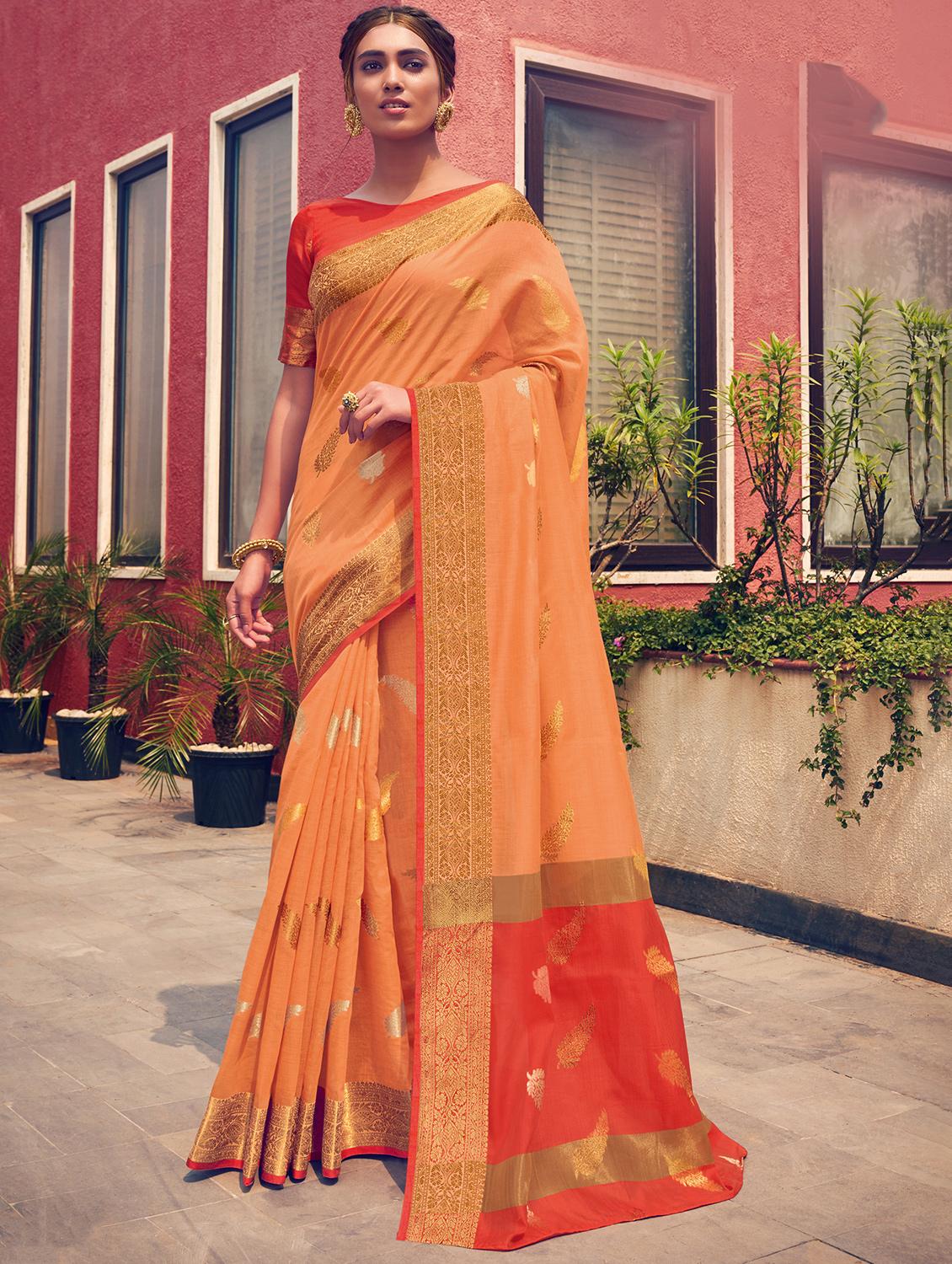 peach woven saree with blouse - 17415355 - Zoom Image - 1