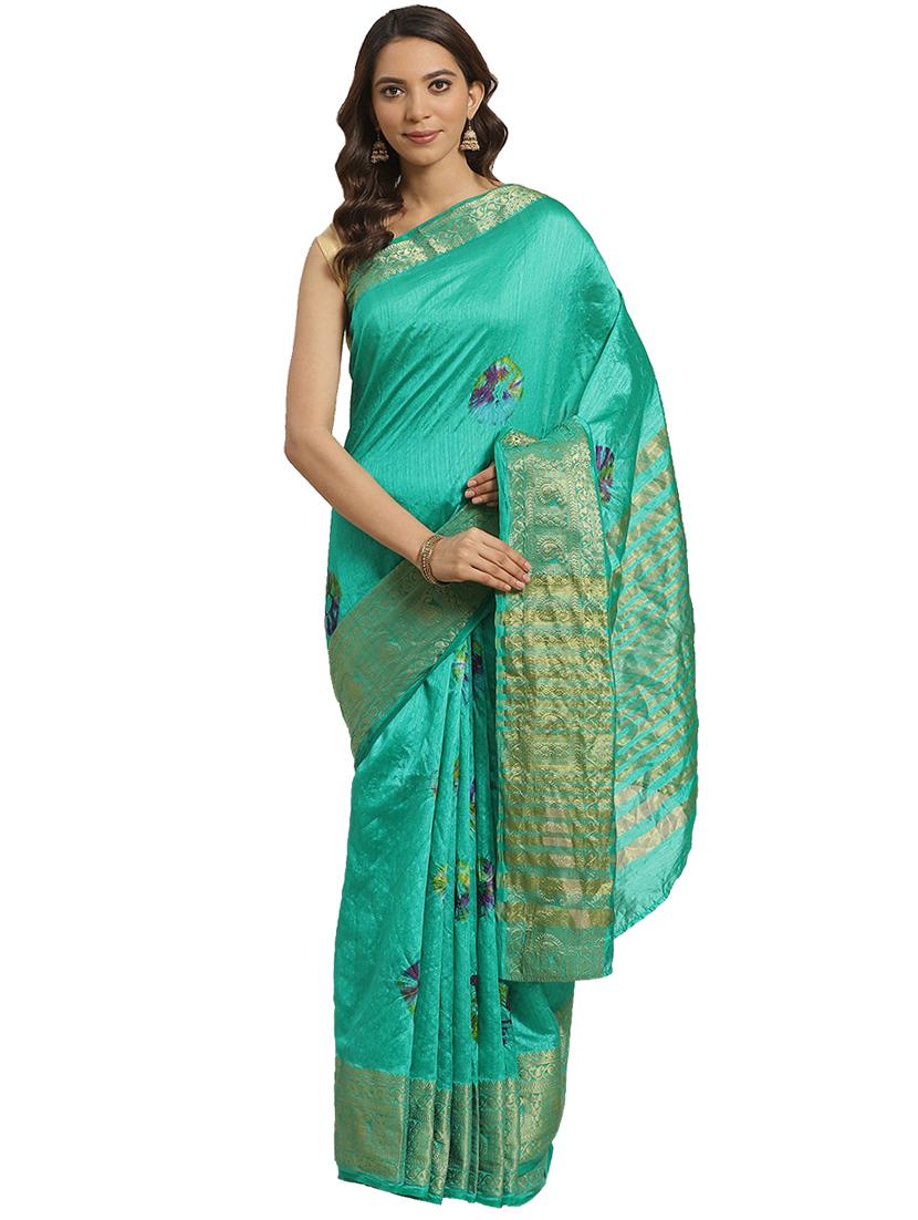 turquoise woven saree with blouse - 17415904 - Zoom Image - 1