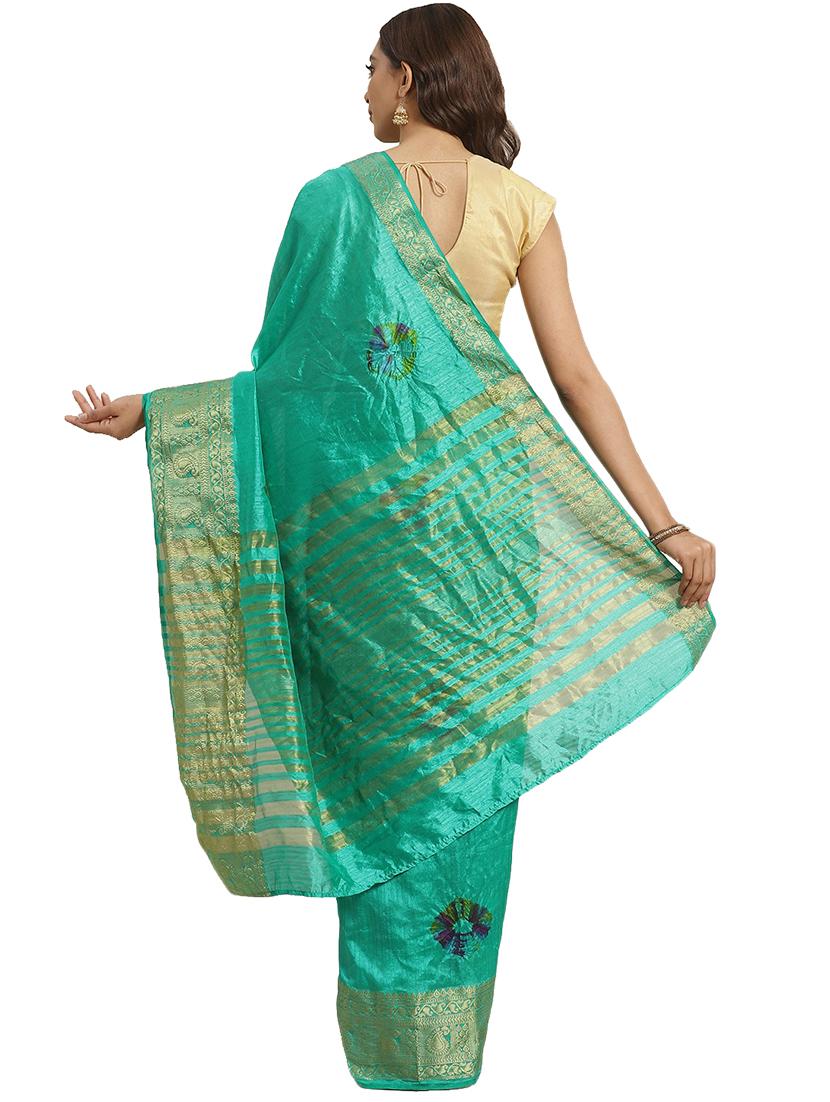 turquoise woven saree with blouse - 17415904 - Zoom Image - 2