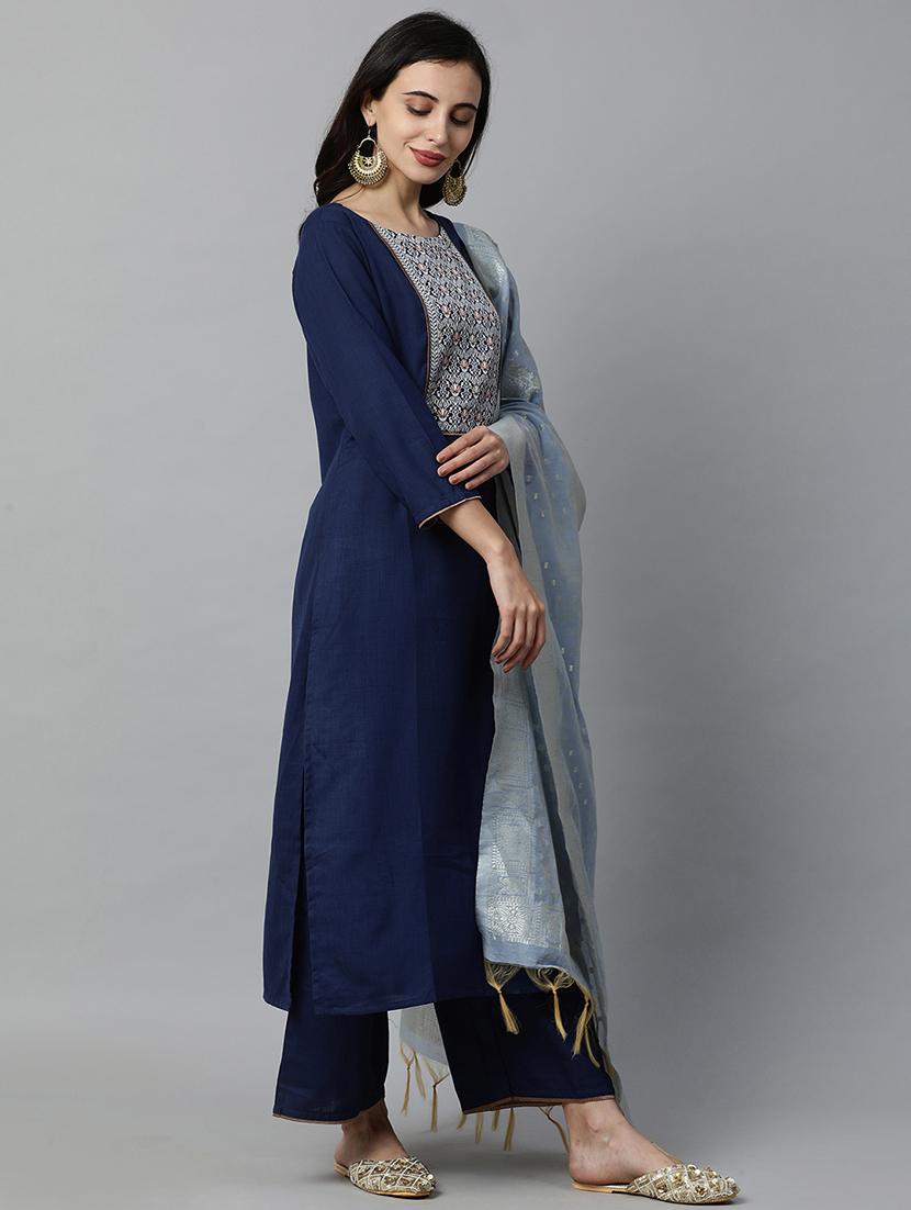 navy cotton kurta palazzo set - 17415991 - Zoom Image - 2