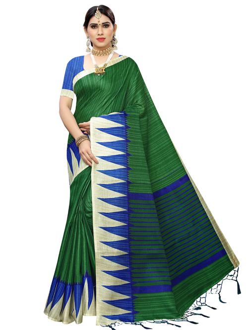 bottle green printed saree with blouse - 17416464 - Standard Image - 1