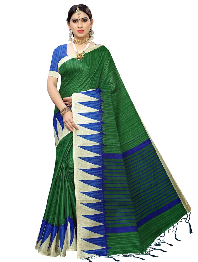 bottle green printed saree with blouse - 17416464 - Zoom Image - 1