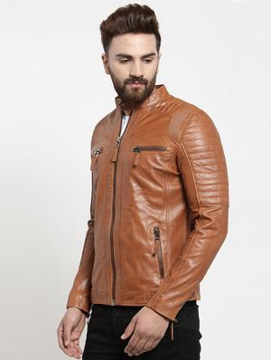 brown solid leather biker jacket - 17418042 - Standard Image - 2