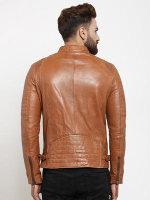 brown solid leather biker jacket - 17418042 - Standard Image - 3