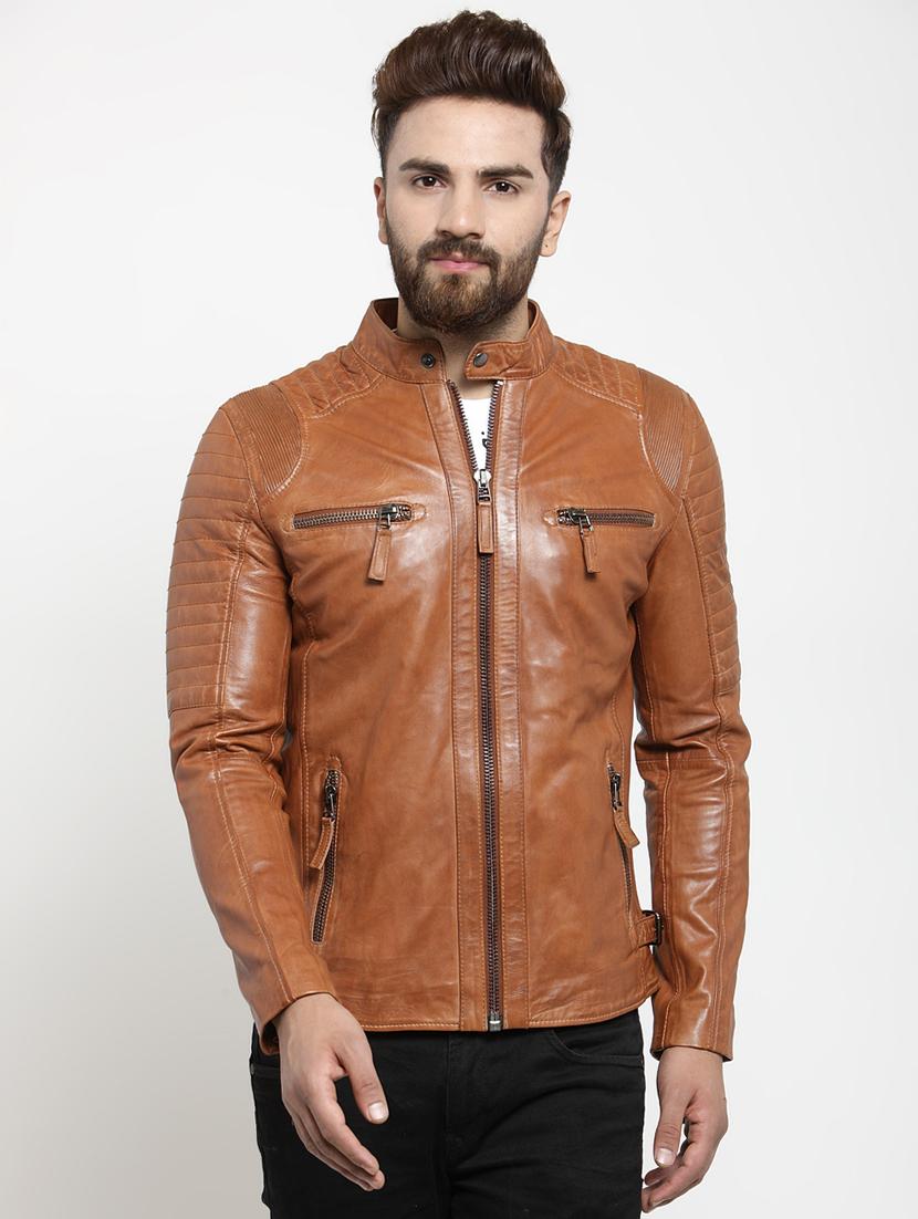 brown solid leather biker jacket - 17418042 - Zoom Image - 1