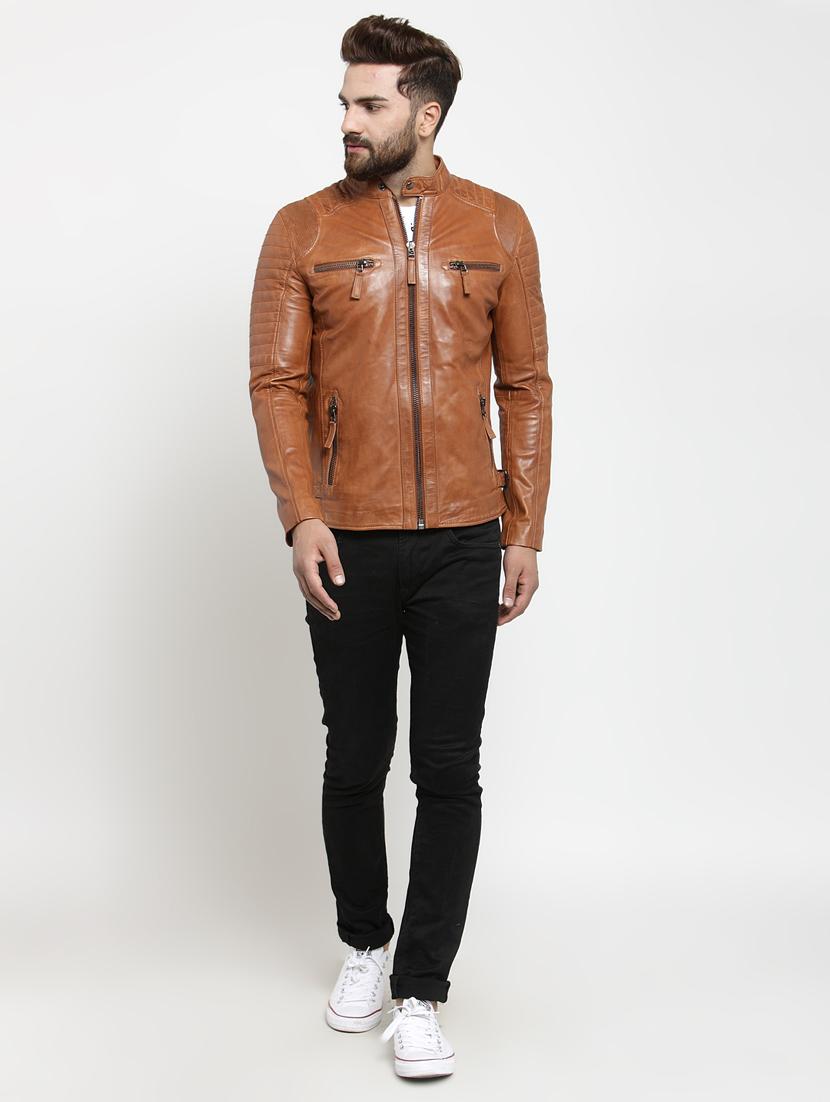 brown solid leather biker jacket - 17418042 - Zoom Image - 4