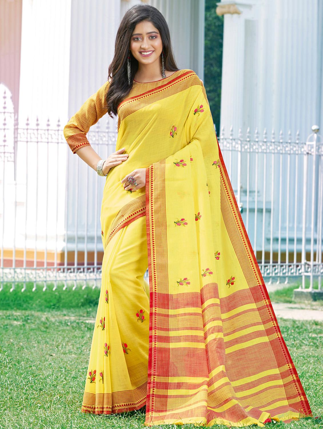 solid embroidered saree with blouse - 17419206 - Zoom Image - 1