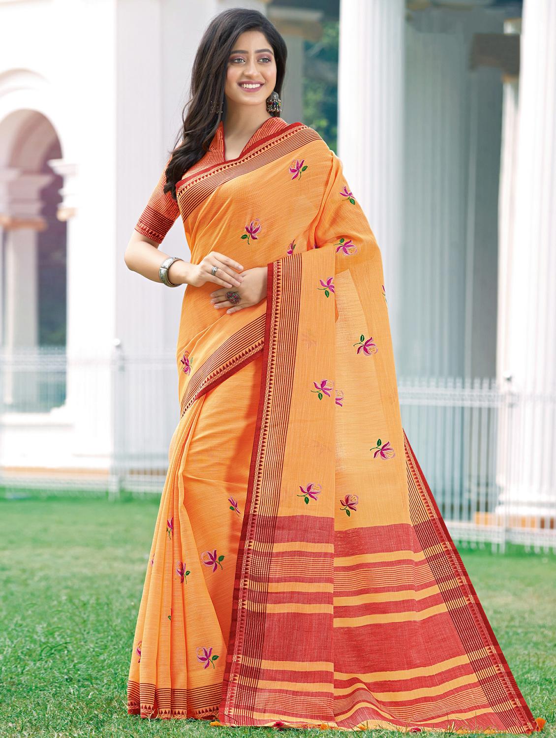 solid embroidered saree with blouse - 17419207 - Zoom Image - 1