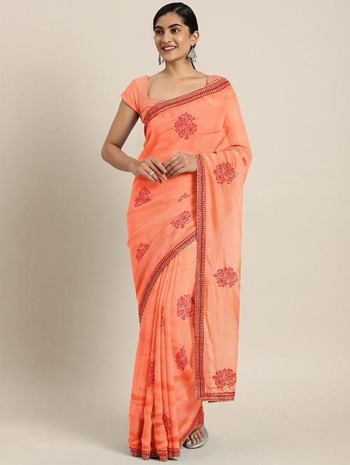 peach silk blend embroidered saree with blouse - 17419517 - Standard Image - 1