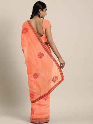 peach silk blend embroidered saree with blouse - 17419517 - Standard Image - 2