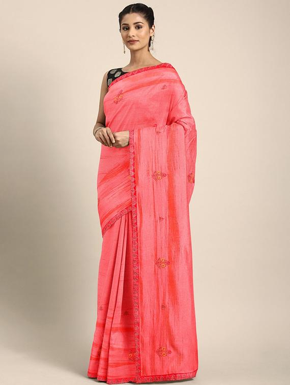 pink silk blend embroidered saree with blouse - 17419523 - Zoom Image - 1