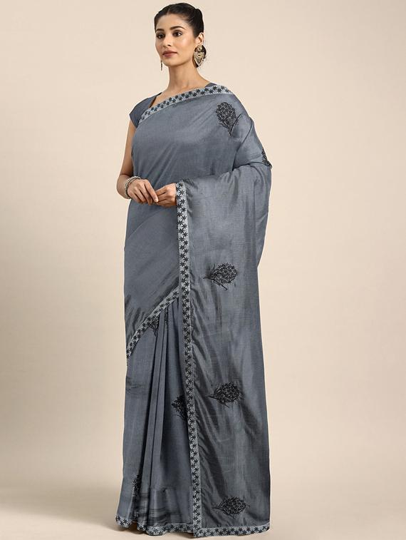 solid embroidered saree with blouse - 17419558 - Zoom Image - 1