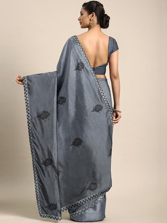 solid embroidered saree with blouse - 17419558 - Zoom Image - 2