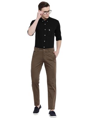 brown solid flat front casual trouser - 17420276 - Standard Image - 4