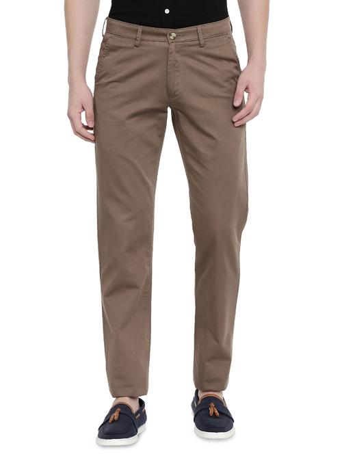 brown solid flat front casual trouser - 17420279 - Standard Image - 1