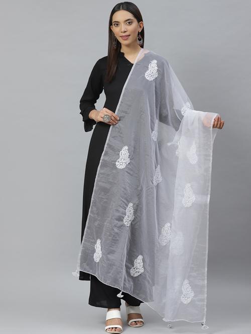 ada hand-embroidered grey chikankari dupatta - 17421175 - Standard Image - 1