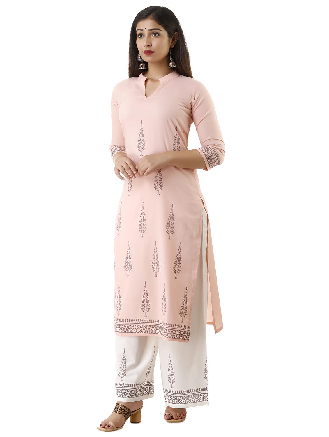 peach cotton kurta palazzo set - 17421582 - Zoom Image - 2