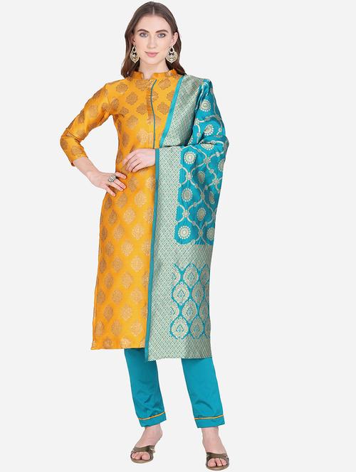 mustard silk blend straight pant suits unstitched suit - 17421914 - Standard Image - 1