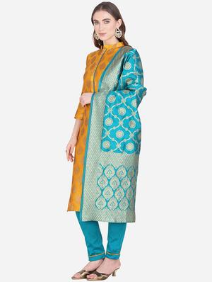 mustard silk blend straight pant suits unstitched suit - 17421914 - Standard Image - 2