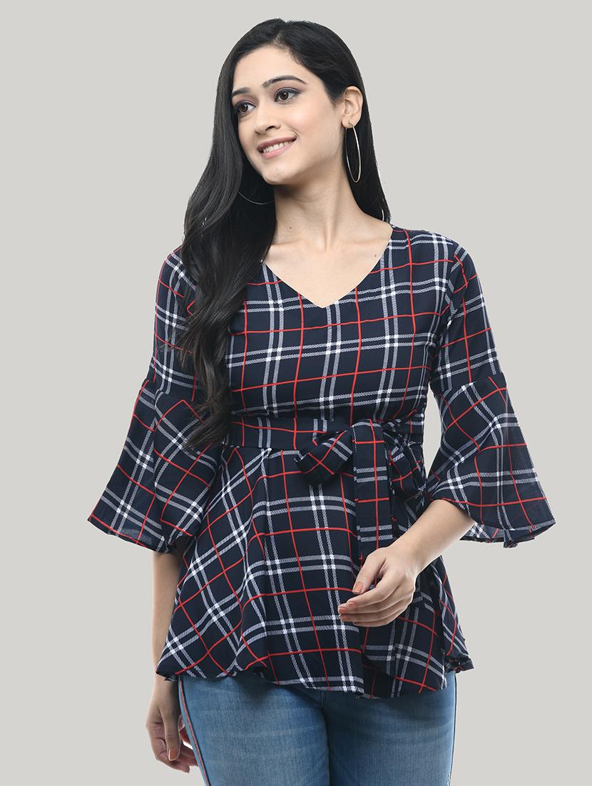 bell sleeved checkered top - 17422018 - Zoom Image - 1