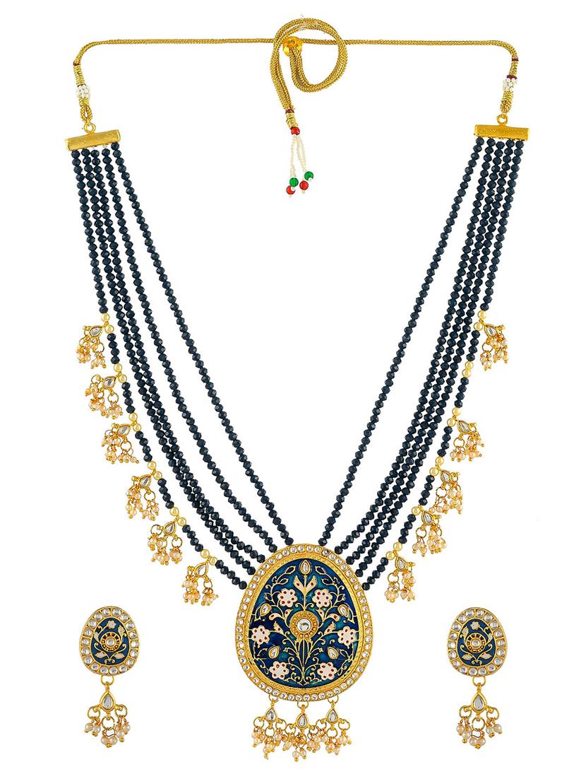 gold brass traditional meenakari necklace with earrings - 17422516 - Zoom Image - 2