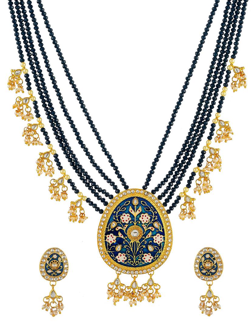 gold brass traditional meenakari necklace with earrings - 17422516 - Zoom Image - 3