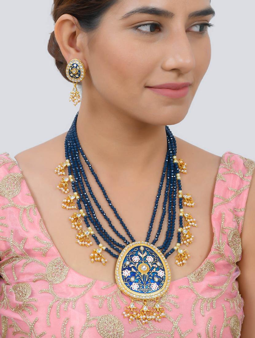 gold brass traditional meenakari necklace with earrings - 17422516 - Zoom Image - 6