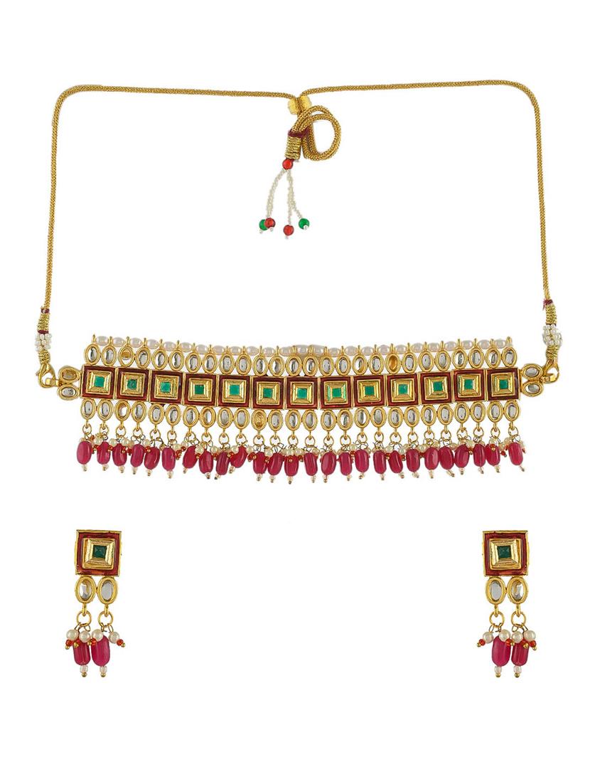gold brass kundan choker necklace with earrings - 17422517 - Zoom Image - 2