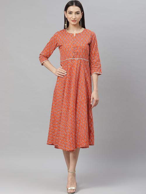 brown cotton flared ethnic dress - 17422529 - Standard Image - 1