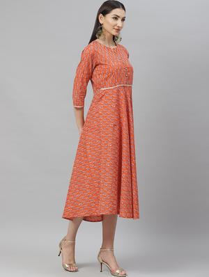 brown cotton flared ethnic dress - 17422529 - Standard Image - 2