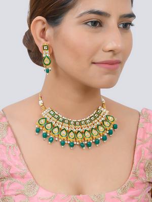 gold brass traditional kundan necklace with earrings - 17422536 - Standard Image - 6