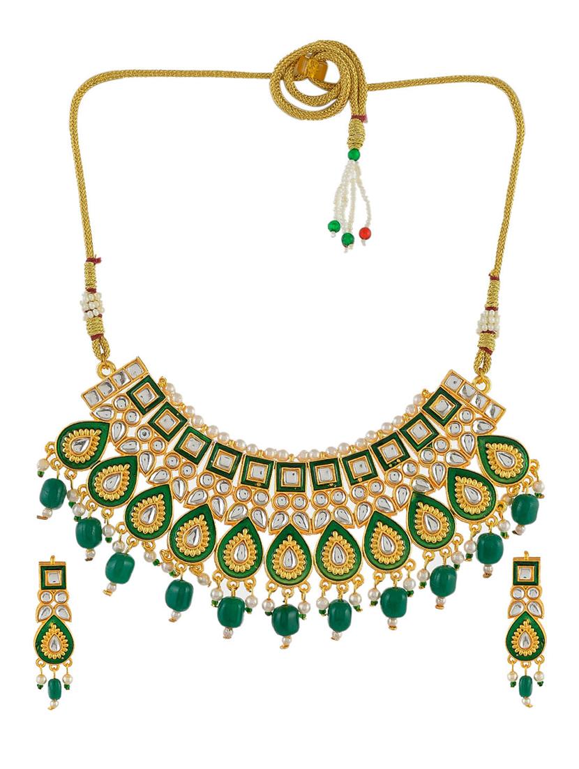 gold brass traditional kundan necklace with earrings - 17422536 - Zoom Image - 2