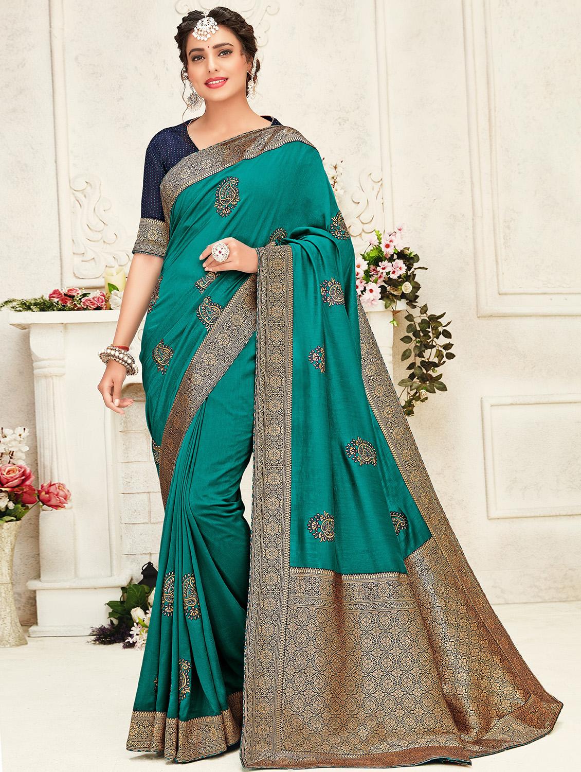 teal embroidered saree with blouse - 17422879 - Zoom Image - 1