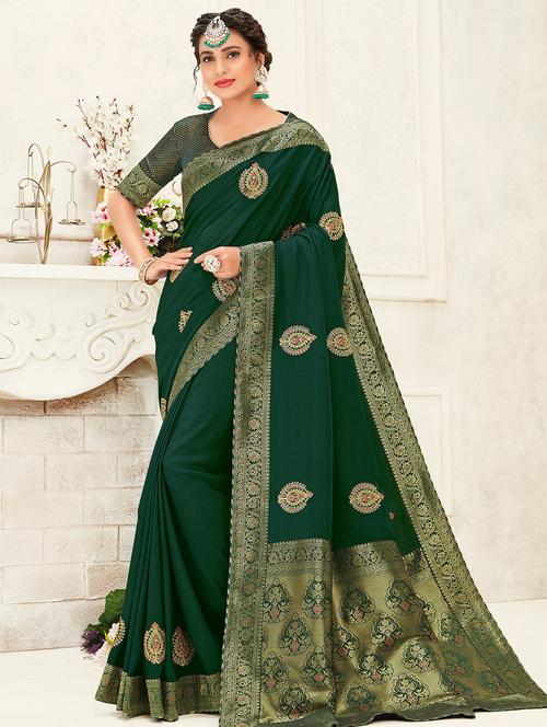 bottle green embroidered saree with blouse - 17422881 - Standard Image - 1