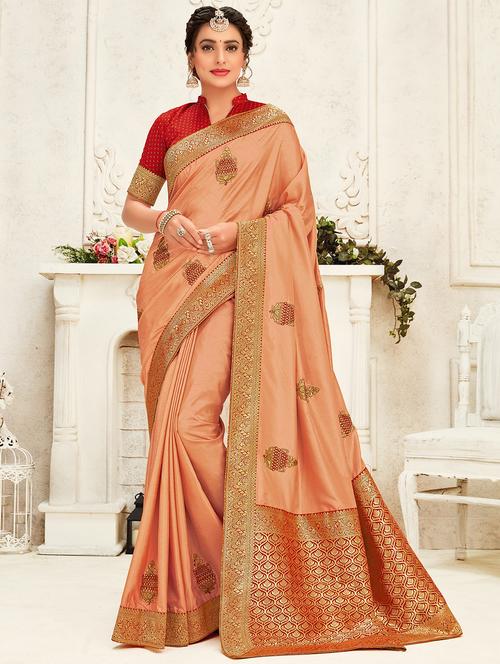 peach silk blend embroidered saree with blouse - 17422888 - Standard Image - 1