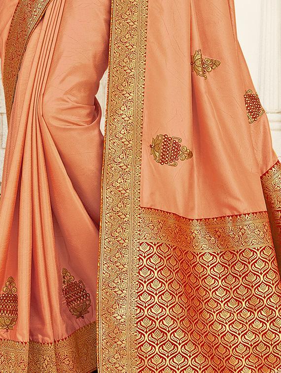 peach silk blend embroidered saree with blouse - 17422888 - Zoom Image - 2