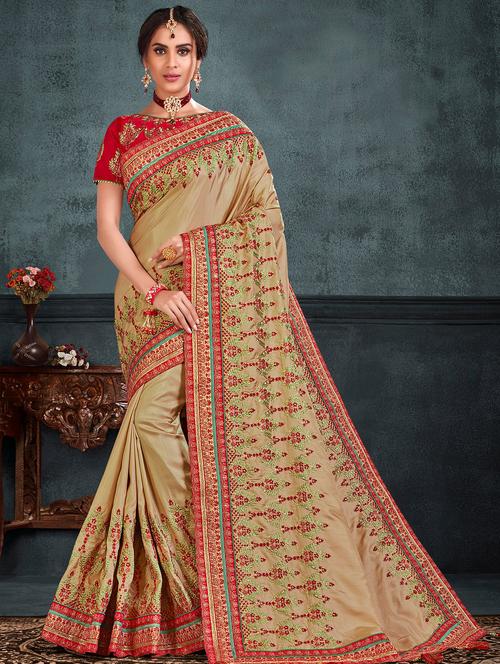 beige silk blend embroidered saree with blouse - 17422899 - Standard Image - 1