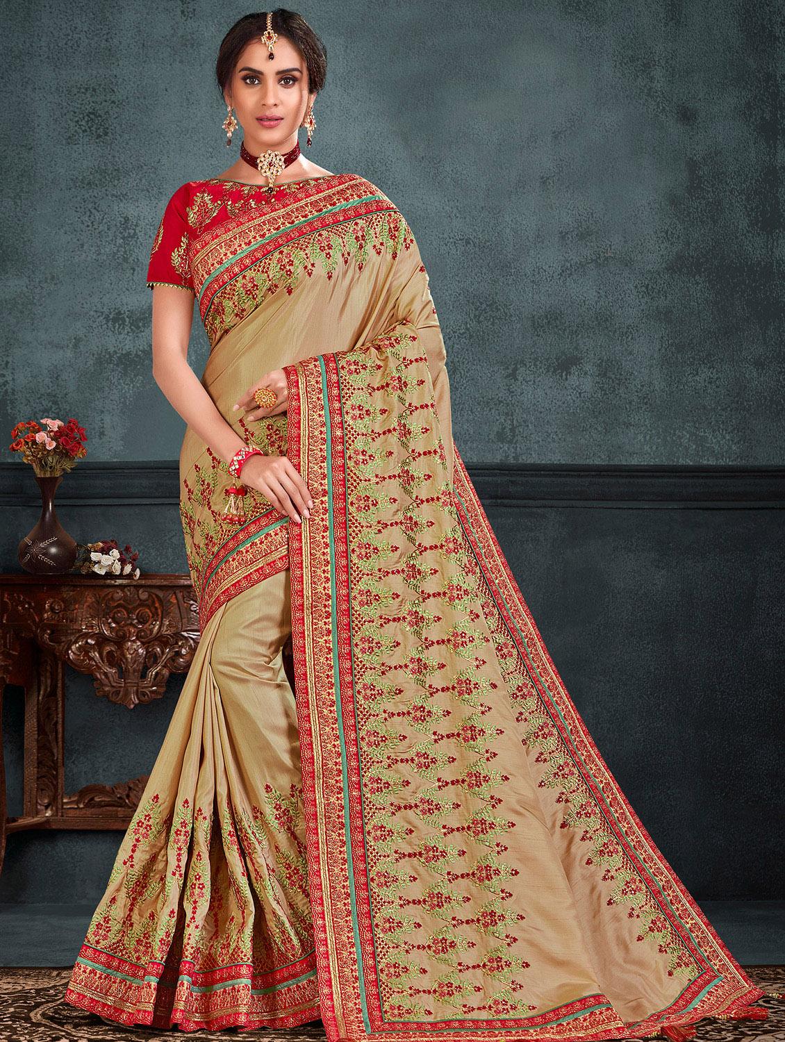 beige silk blend embroidered saree with blouse - 17422899 - Zoom Image - 1