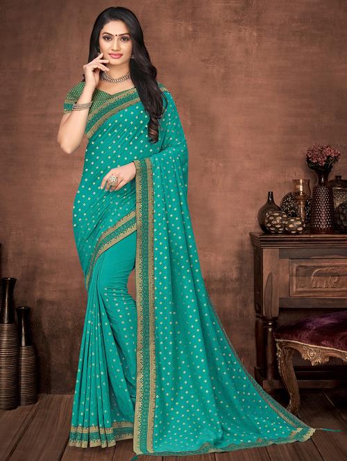 turquoise raw silk bordered saree with blouse - 17423049 - Very Small Image - 1