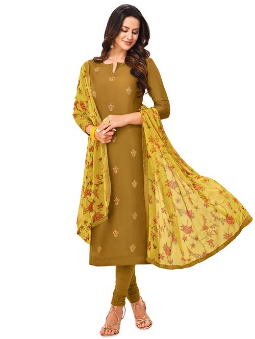 green cotton blend churidaar suits unstitched suit - 17423085 - Standard Image - 1