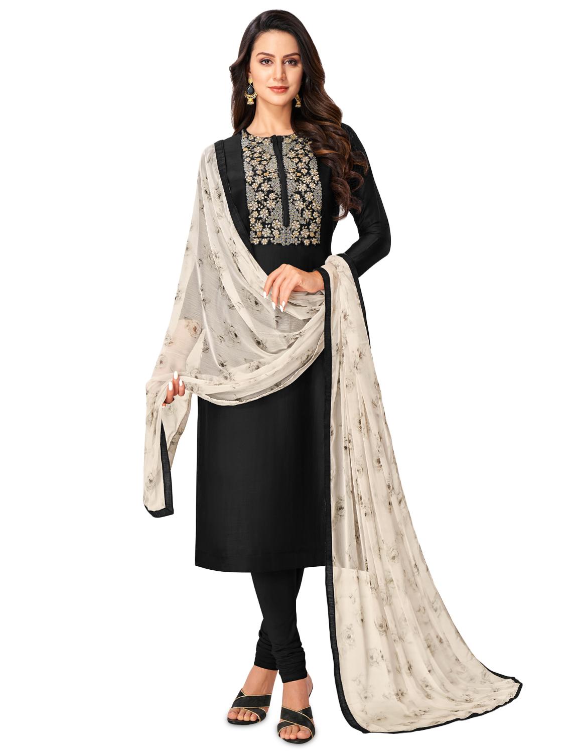 black cotton blend churidaar suits unstitched suit - 17423090 - Zoom Image - 1